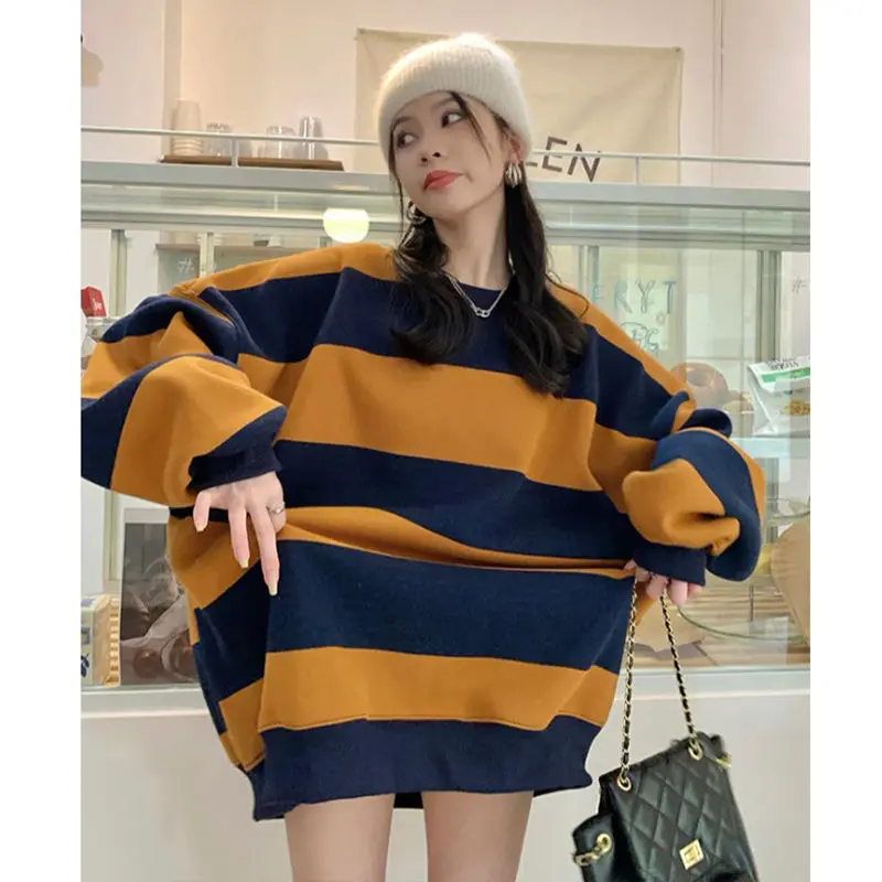 Summer Fall Striped Print Women Long Sleeve Thin Sweatshirt Fashion Retro Punk Casual Loose 2xl Oversized Clothing Street Dating