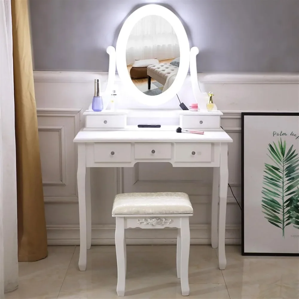 

Vanity Table Set with Lighted Mirror, Makeup Dressing Table and Cushioned Stool Set with 5 Large Drawers for Women,Girls