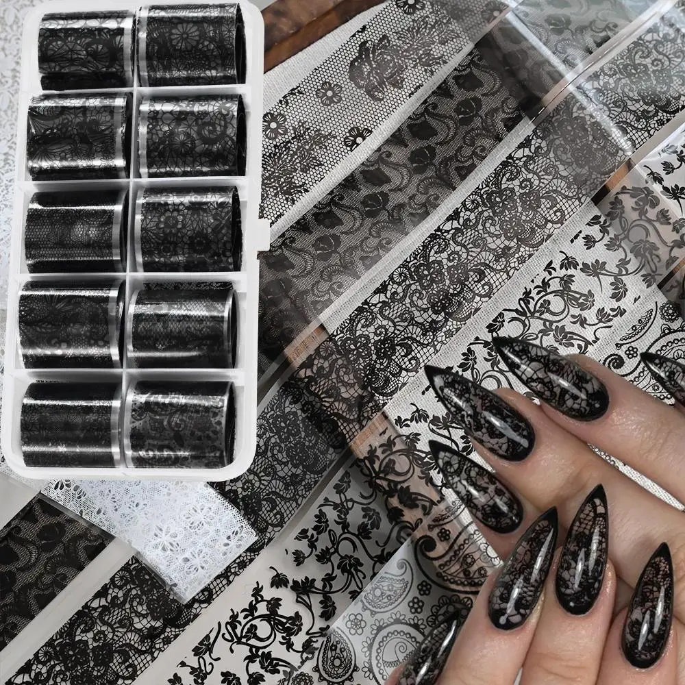 10 rollen 2,5*50 cm Schwarz Spitze Blume Transfer Nagel Aufkleber Sexy Spitze Floral Sternen Papier Nagel Folie DIY Retro Nail art Dekorationen