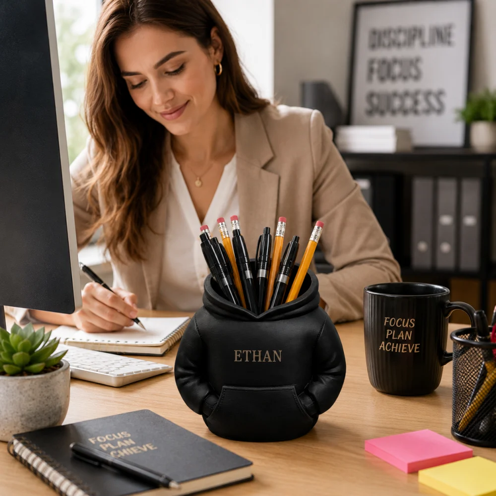 Laser Engraved Custom Name Hooded Sweatshirt Pen Holder Personalized Mini Hoodie Desk Pencil Holder Durable Custom Office Gift