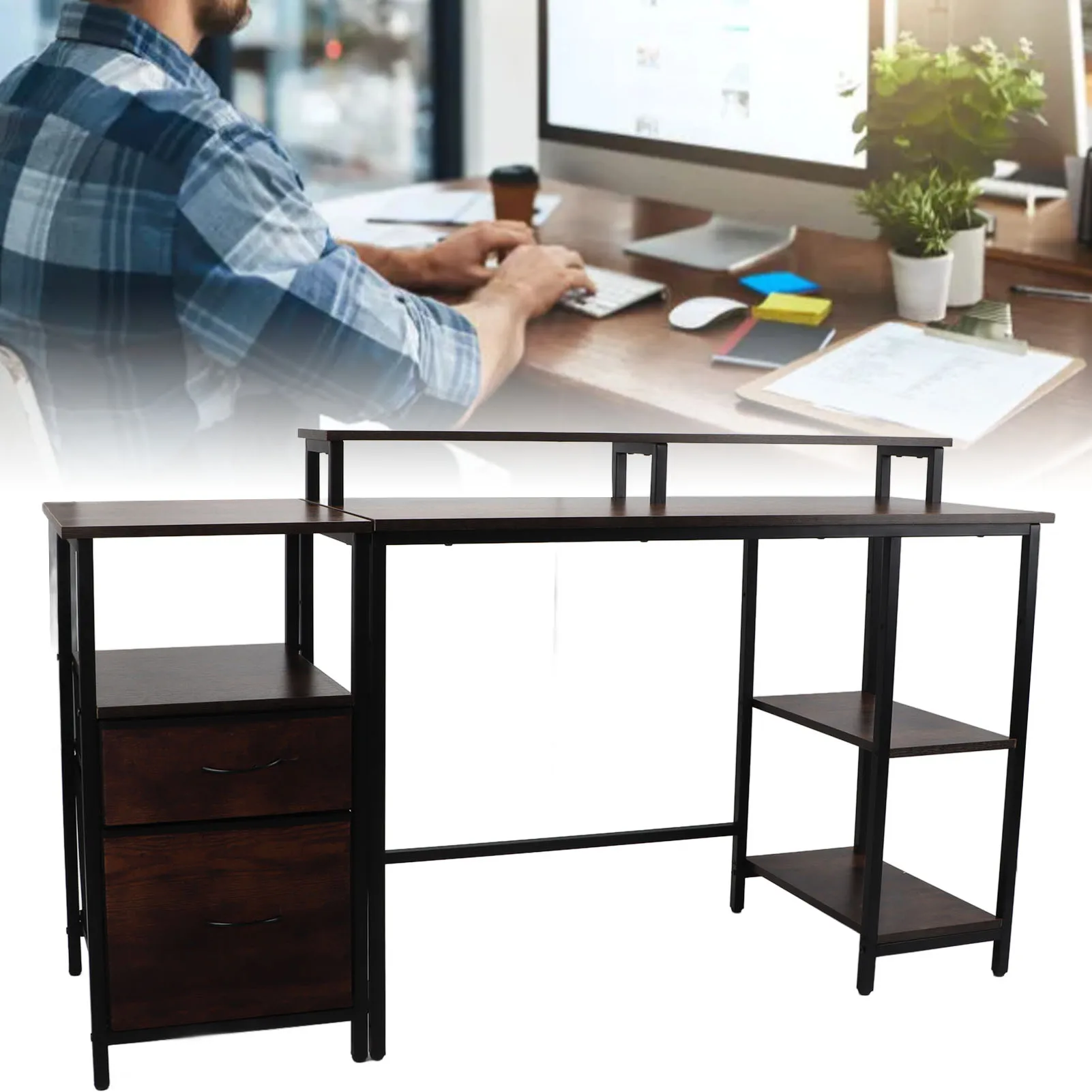 Computer Desk with Raised Shelf Unique Home  Computer Desk Sturdy Enough Drawers Large Desktop Space Decorative for Home