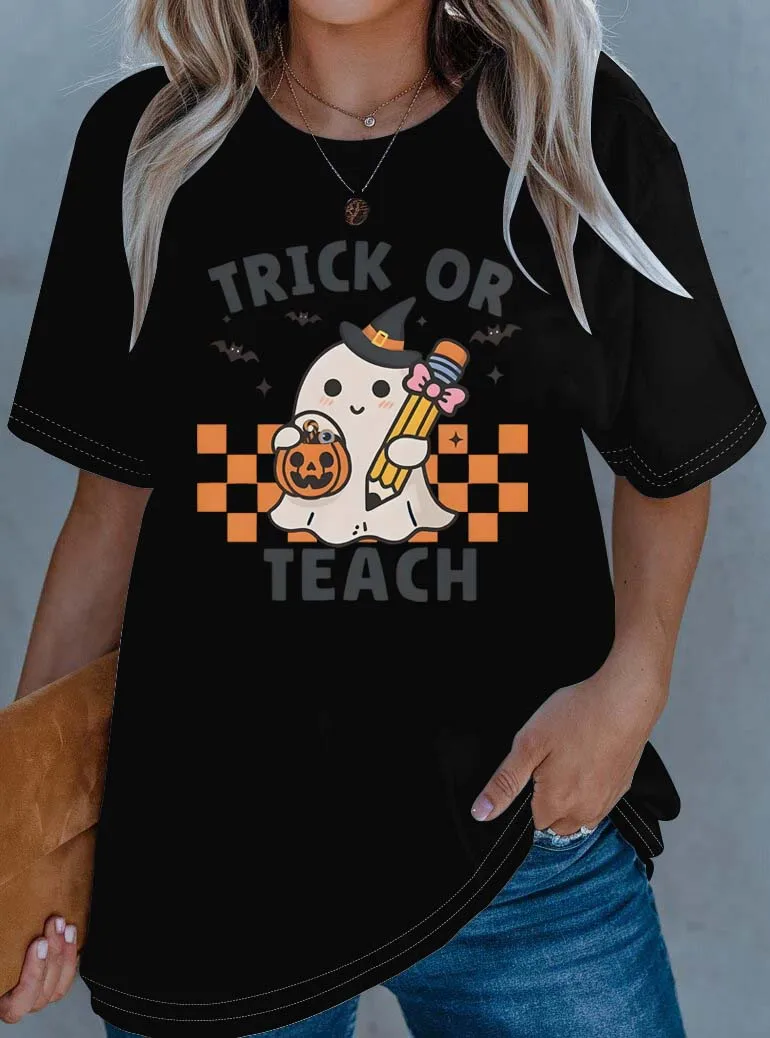 Elegancki strój plus size z motywem ducha, dyni i nietoperza \"Trick or Treat\".