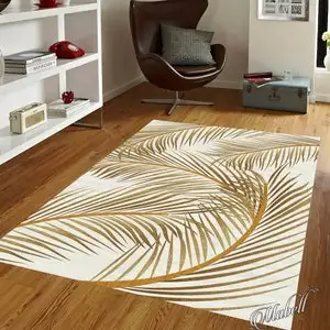 

Palm and Leaves Themed Rug, Gold Leaves Design Exotic Rug, Gold Rug for Living Room, Stylish Floor Mat