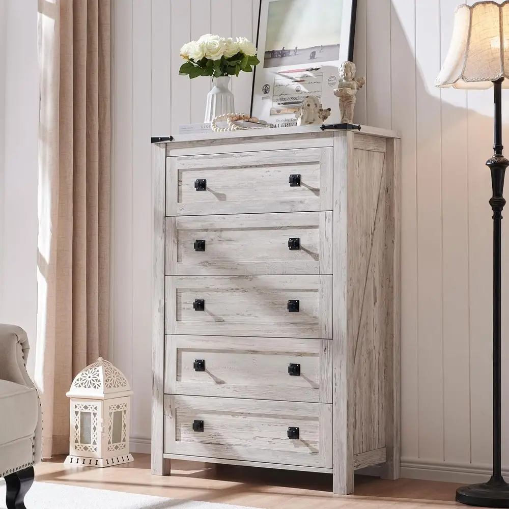 

Rustic 48 Tall Chest of Drawers, Antique Brush White Finish, Suitable for Bedroom, Living Room, or Hallway