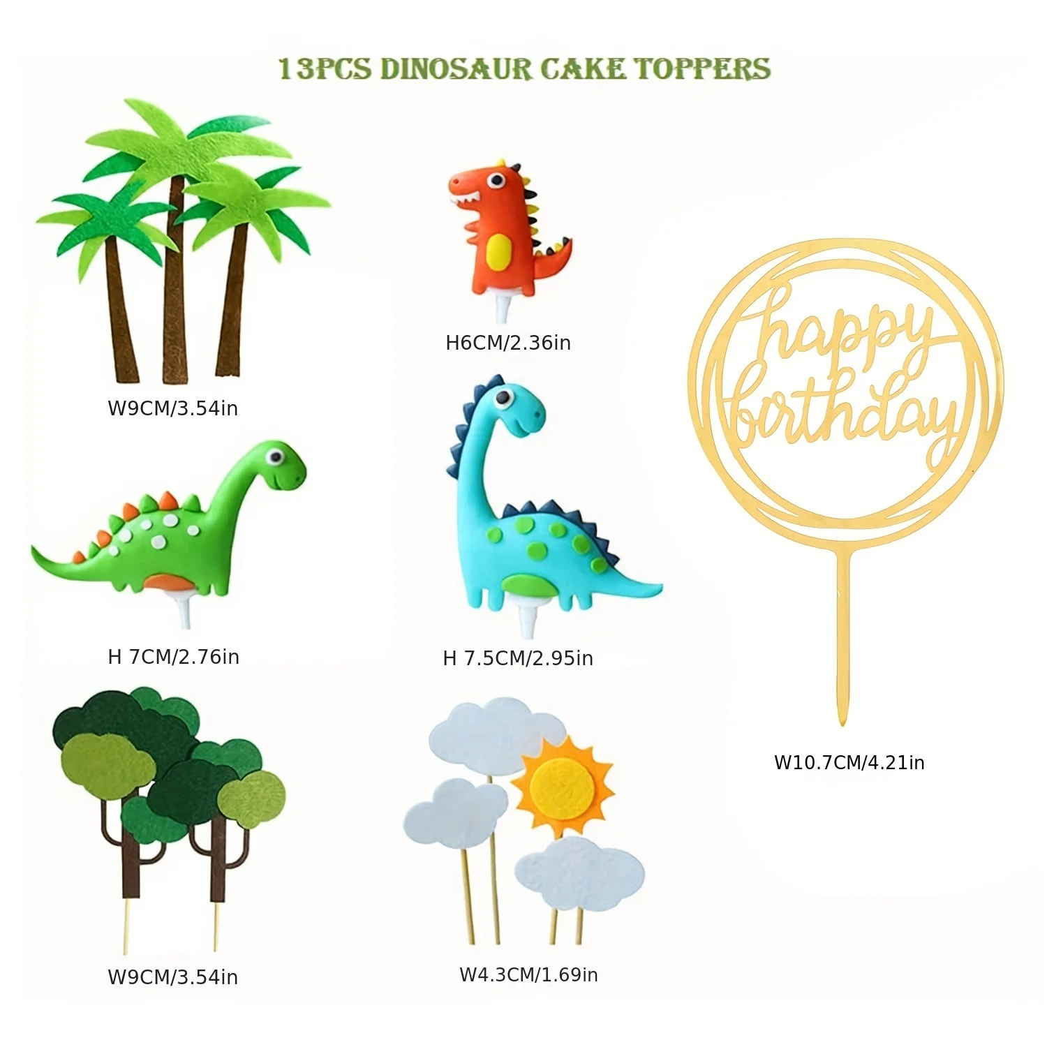 13pcs Dinosaur Cake Toppers Forest Series Dinosaur Leaves Cloud Sun Cupcake Toppers Cartoon Party Decoration for  Birthday Party