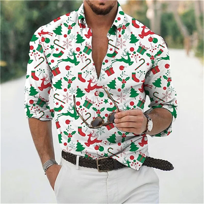 Christmas Theme 3D Printing Men Button Lapel Shirt Men Long Sleeve Tops Festival Party Tops New Year Couple Streetwear XS-6XL