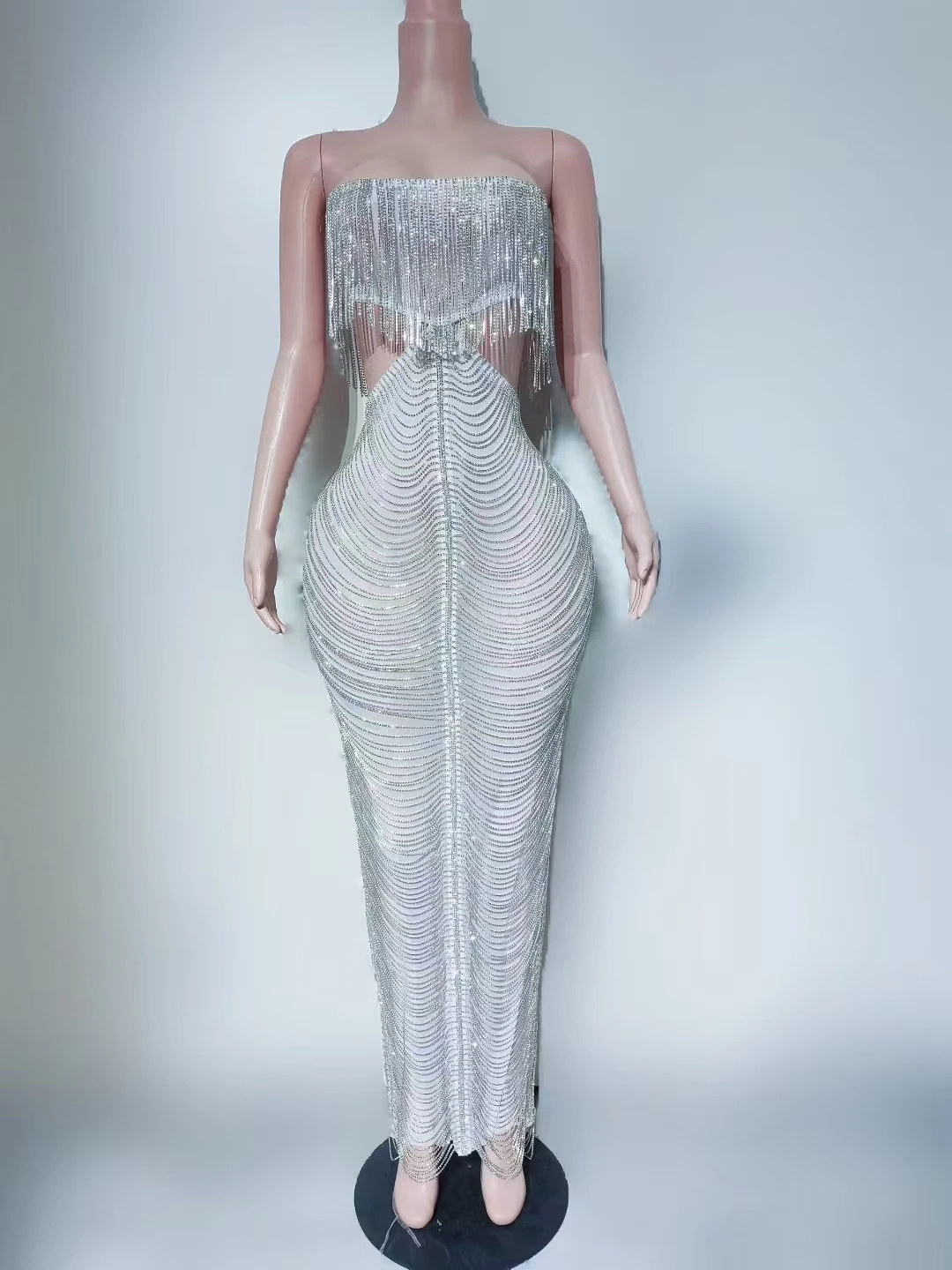 

Luxurious Tight And Sexy Mesh Diamond ChainStrapless Backless Long Skirt Nightclub Bar PartyPerformance Costume A740