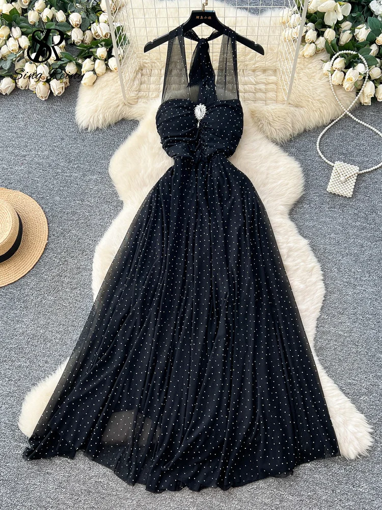 mesh dress flowy Women Mesh Lace Flowy Swing Dress Maxi Long Sleeve Cute Beachwear Holiday Chic