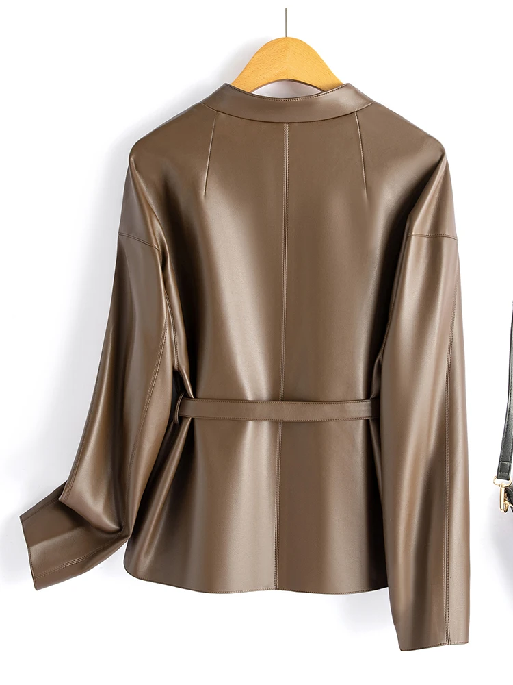 여성용 가죽 자켓 루즈한 허리 디자인 한국 스타일 봄 가을 신상품 정품 양가죽 코트 긴 소매 지퍼