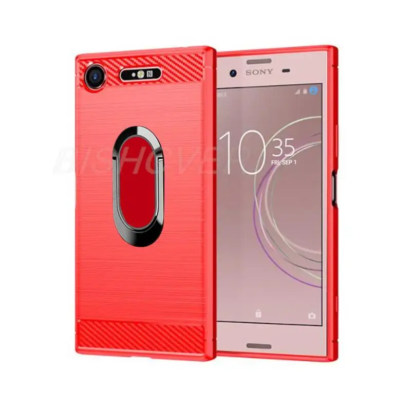 For Sony Xperia XZ1 Compact Brushed Carbon Fiber Soft Silicone Phone Case For Sony Xperia XZ1 Mini Magnetic Ring Stand Cover