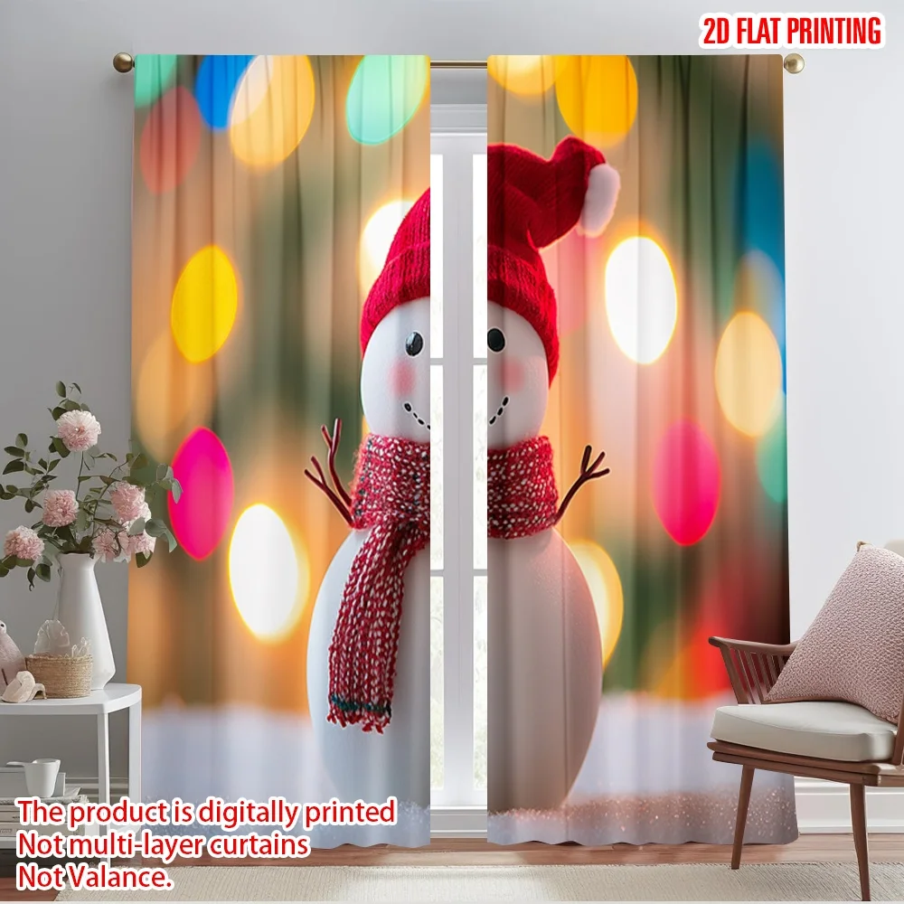 2pcs,2D plane printing Curtains Roller Blinds Cute Snowman Christmas Bokeh (2) Versatile Polyester (without rod) Festive Use for