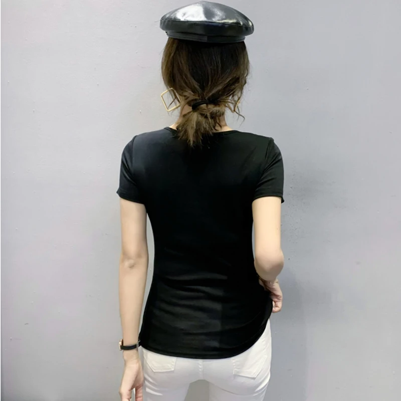 Black Summer Korean Style Cotton T-Shirt Chic Shiny Rivet Women Tops Short Sleeve Sexy Hollow Out Hand Made Tees 2024 New 431914