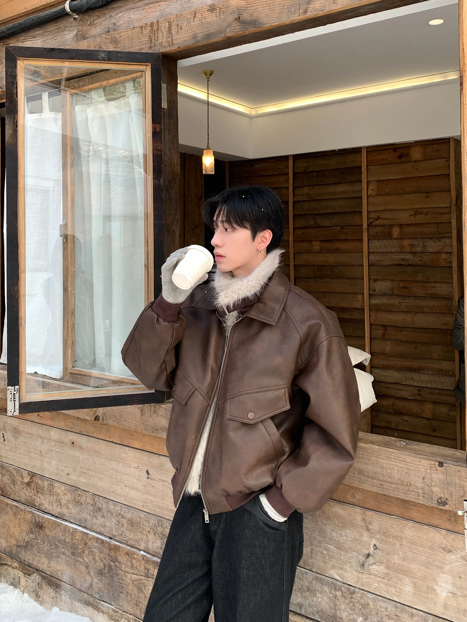 

ONELYCNS American Retro Stand Collar Thiened Cotton Jaet Men Winter Windproof Loose ort Sle Leather Surface Coat