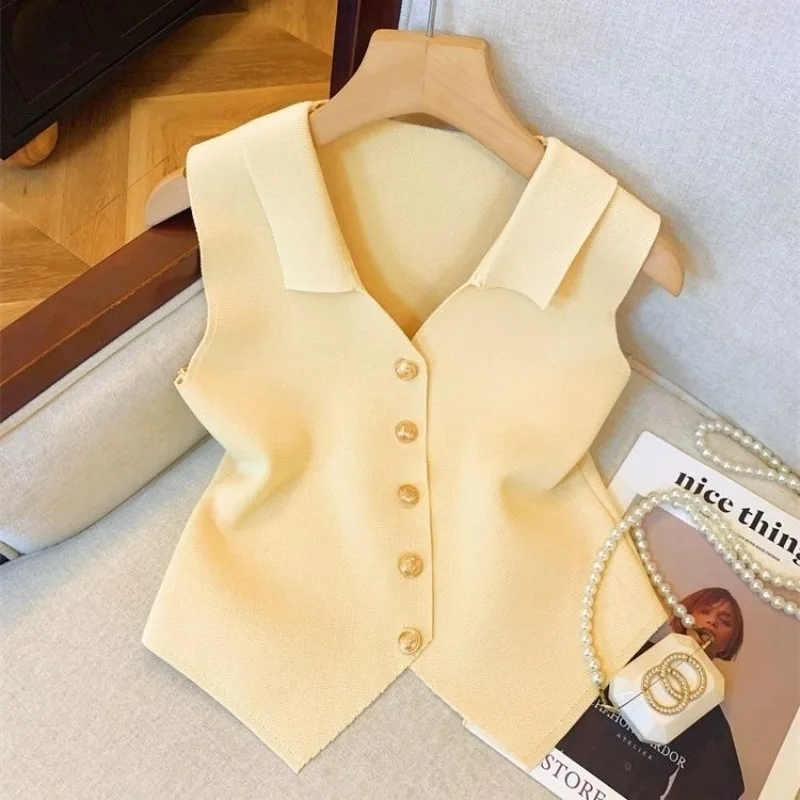 V-neck Suit Vest Women's 2024 Summer New Ice Silk Knitted Cardigan French Commuter Simple Sleeveless Slim Fit Top