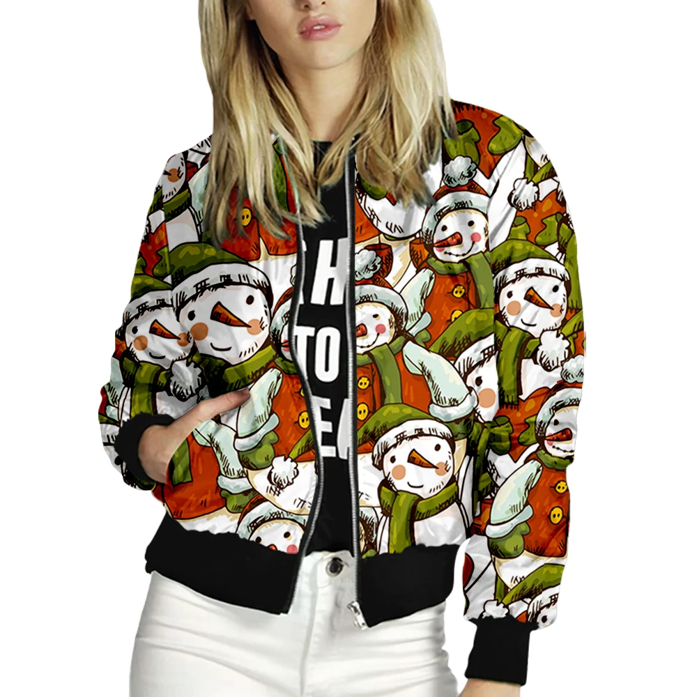 

Women's Jacket Tops Long Sleeves Snowman Print Baseball Collar Zipper Coat Slim Fashion Lady Girls bomber Jacket Street Style