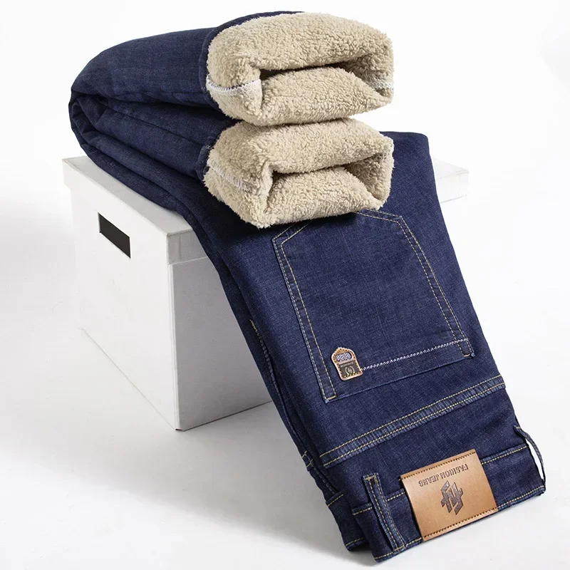 Winter Lamb Fluff Jeans Men Straight Denim Pants Thicken Fleece Warm Stretch Jeansy Plush Lined Business Male Trousers