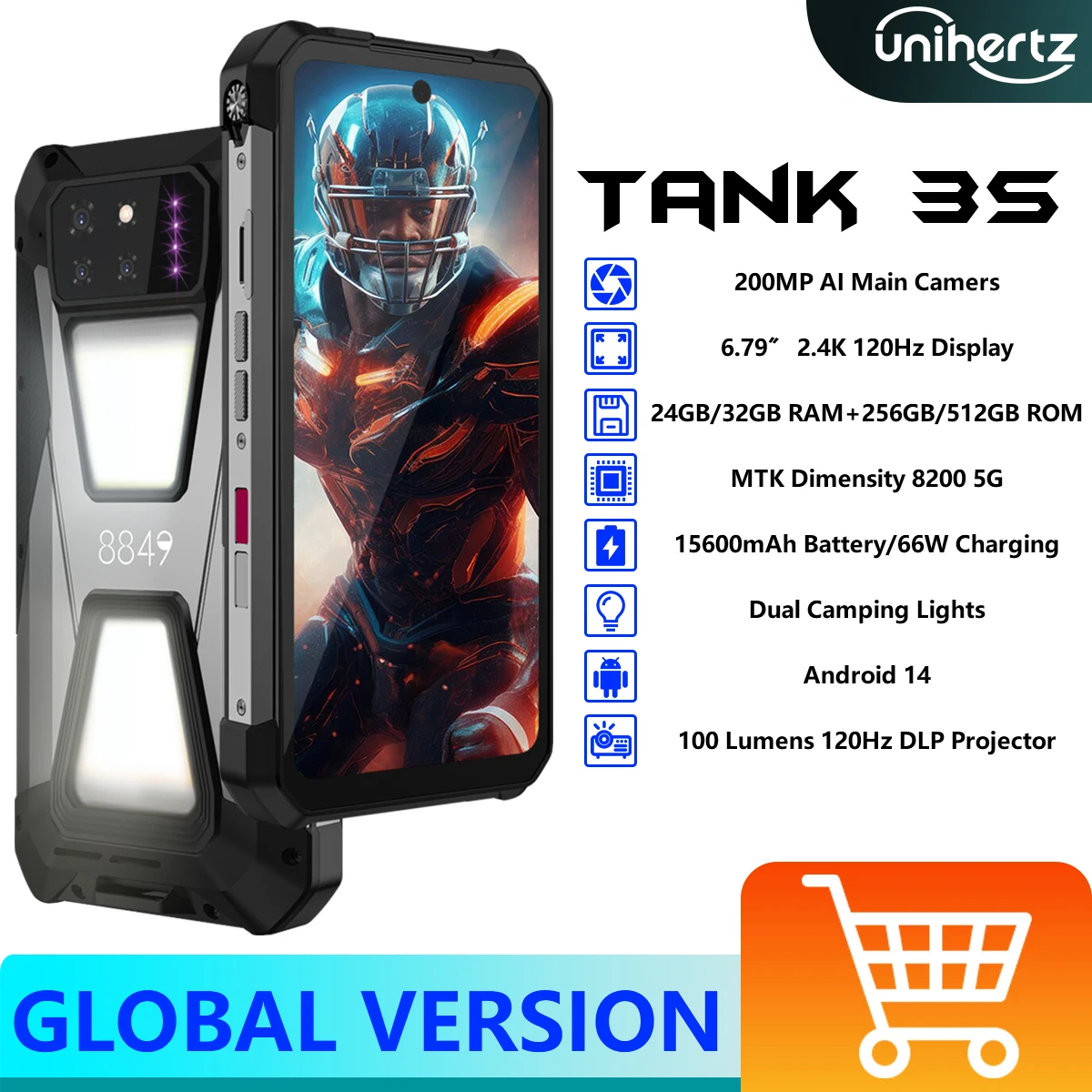 هاتف Unihertz 8849 Tank 3s مزود بجهاز عرض MTK Dimensity 8200 5G 24/32GB RAM 256/512GB ROM 15600mAh 66W هاتف ذكي Wifi6