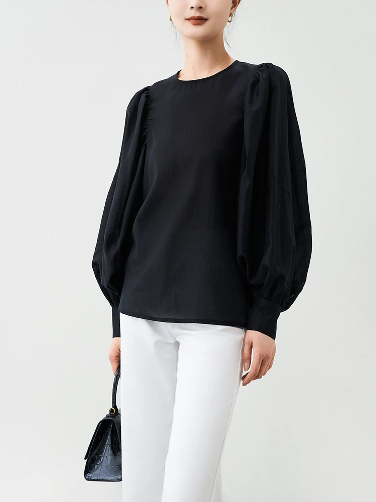 Spring Rayon Feminine Round Neck Shirts Long Sleeves Loose Versatile Lightweight Temperament Solid One Buckle On The Back Tops