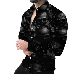 Camisa masculina de manga comprida com botões, estampa 3D caveira completa, moda primavera e outono, presente especial