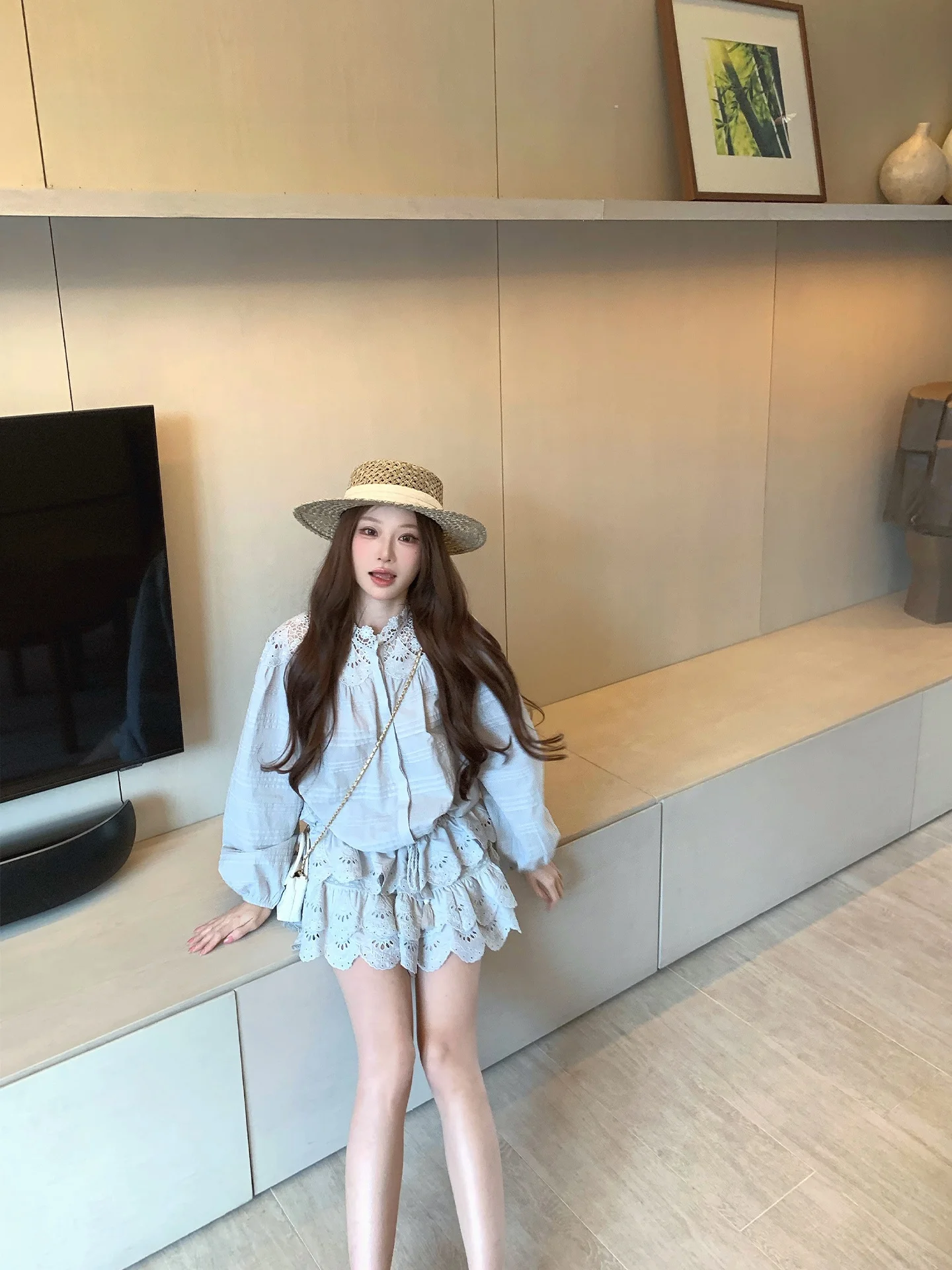 

Coolline Heavy Embroidery Shirt Set in Blue Casual Spring Fashion for Women High Waist Cake Skirt Matching Button up Top