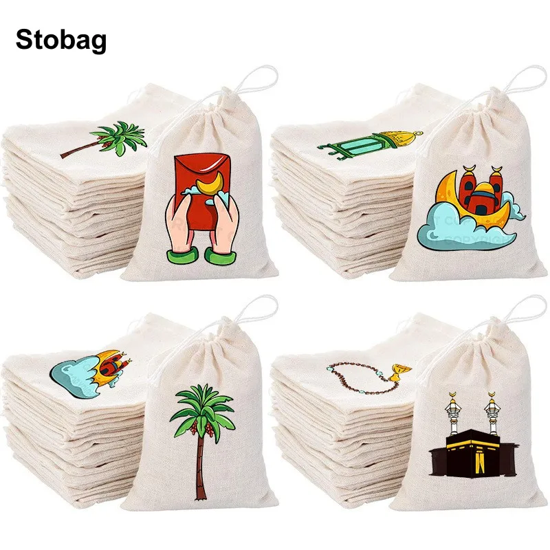 

StoBag 5pcs Ramadan Eid Mubarak Cotton Drawstring Bags Small Bundle Pocket Kids Candy Gift Packaging Reusable Pouches Decoration