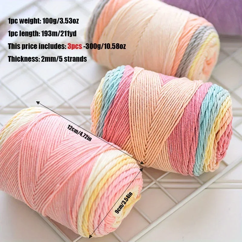3-Pack 300g/10.58oz Soft & Durable Multicolor Dyed Gradient Cotton Acrylic Blend Yarn for Knitting, Crocheting Sweaters, Scarfs