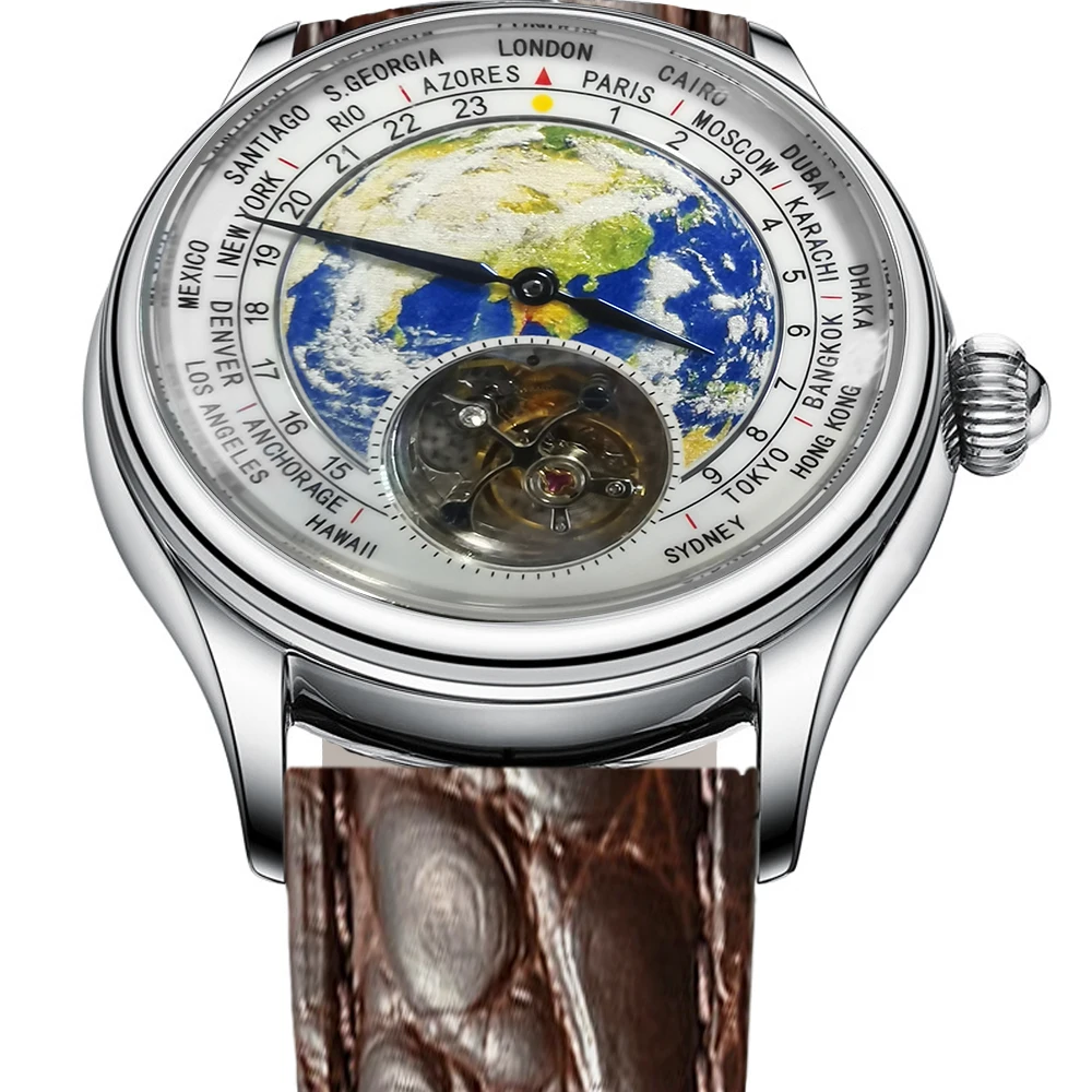 

Men's Globe Earth Tourbillon Mechanical Watches ST8000 Movement 3D Enamel Dial Sapphire 1963 Men Watch Alligator Leather