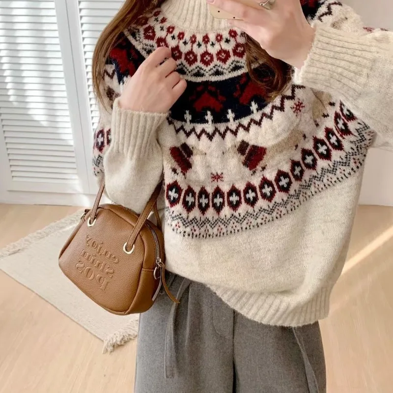 

Новая коллекция осень-зима 2026: Элегантный женский вязаный свитер-худи в стиле ретро с жаккардовым узором «Фелл-Айленд», свободный крой, длинный рукав