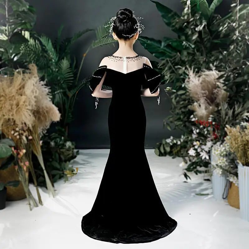 Big Girls Black Formal Party Gown Little Girls Elegant Slit Banquet Dress Junior Girls Kids Long Cocktail Dresses Peformance