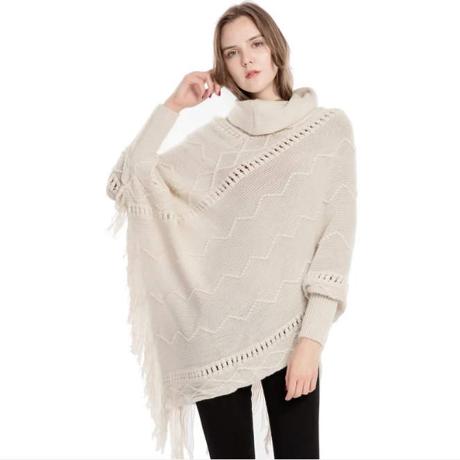 2024 Pull Femme Autumn  Winter New Women's Acrylic Tassel Sweater High Neck Warm Sleeve Pullover Cloak Tassels Shawl Outside