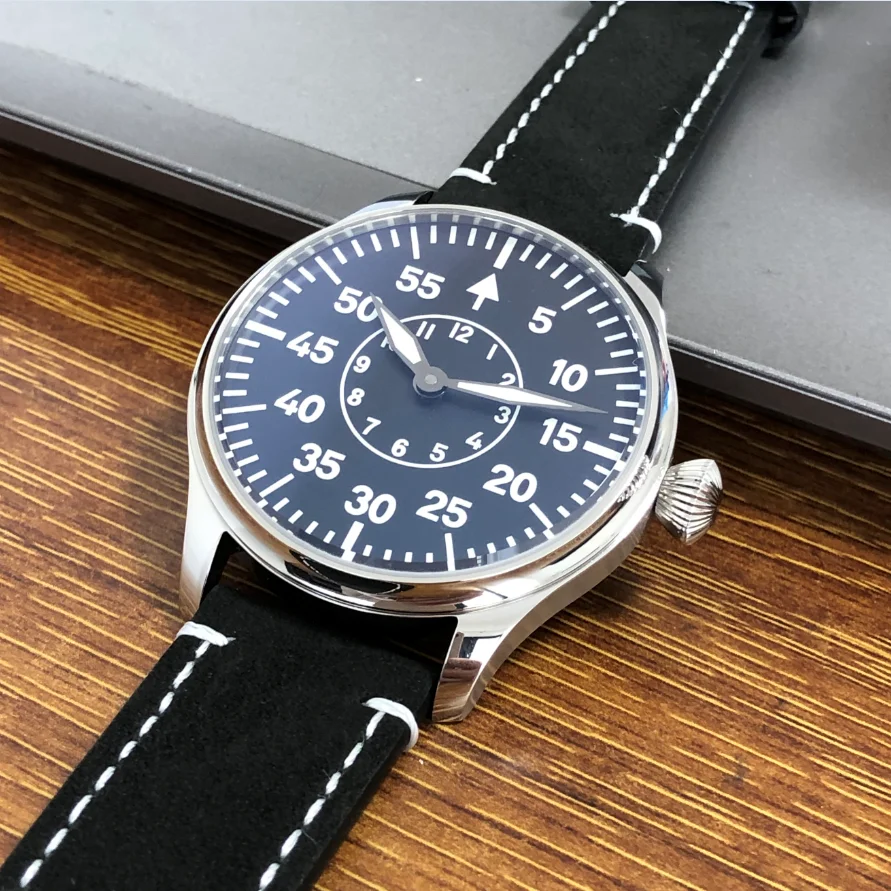 Sapphire Crystal Or Mineral Glass 44mm ST3600 Watch No Logo Black Dial Asian ETA6497 Mechanical Movement Luminous Pilot Watches