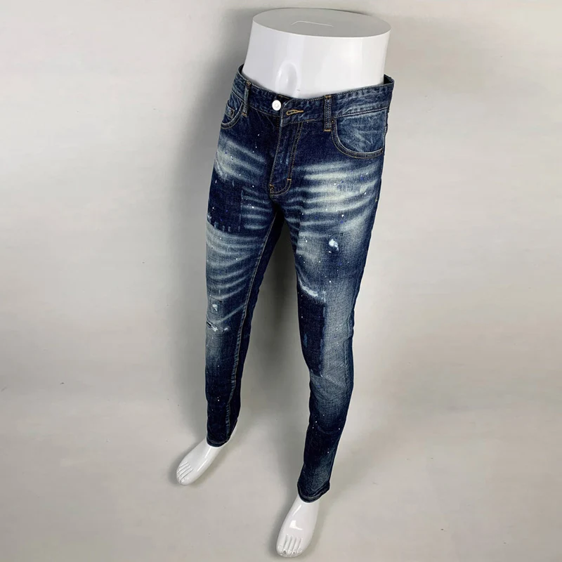 Street Fashion Men Jeans High Quality Retro Blue Stretch Slim Fit Ripped Jeans Men Painted Designer Hip Hop Brand Pants Hombre