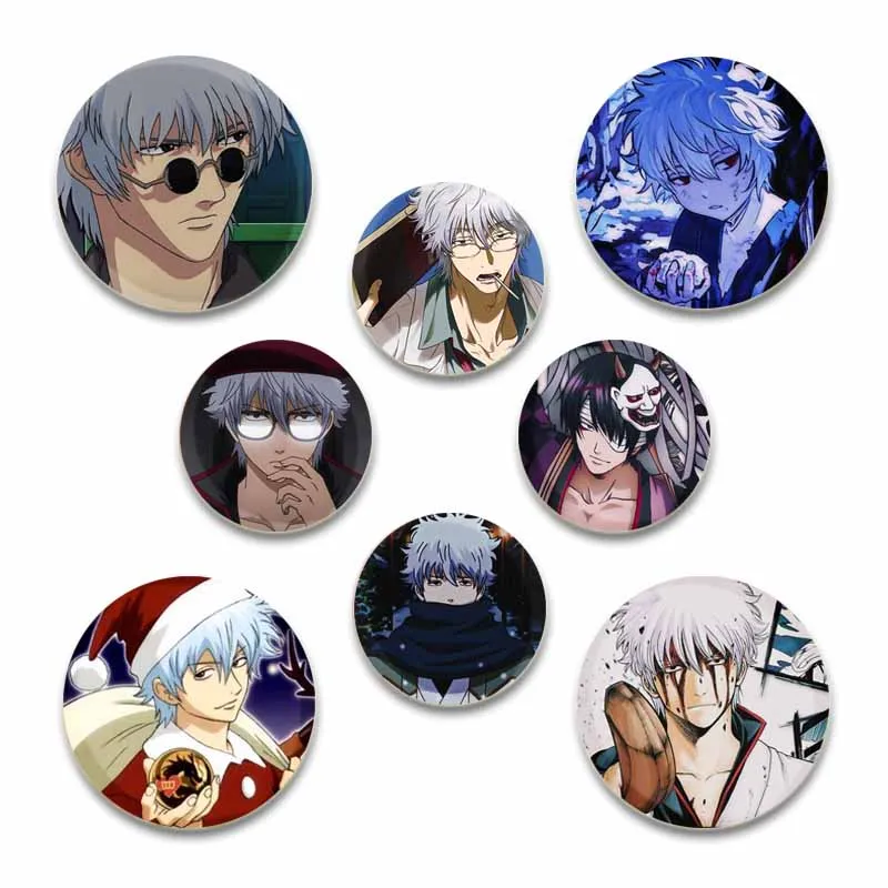 58/32mm Popular Anime Gintama Figures Button Pins Tinplate Brooches Cartoon Badge for Backpack Decoration Fans Collection Gifts