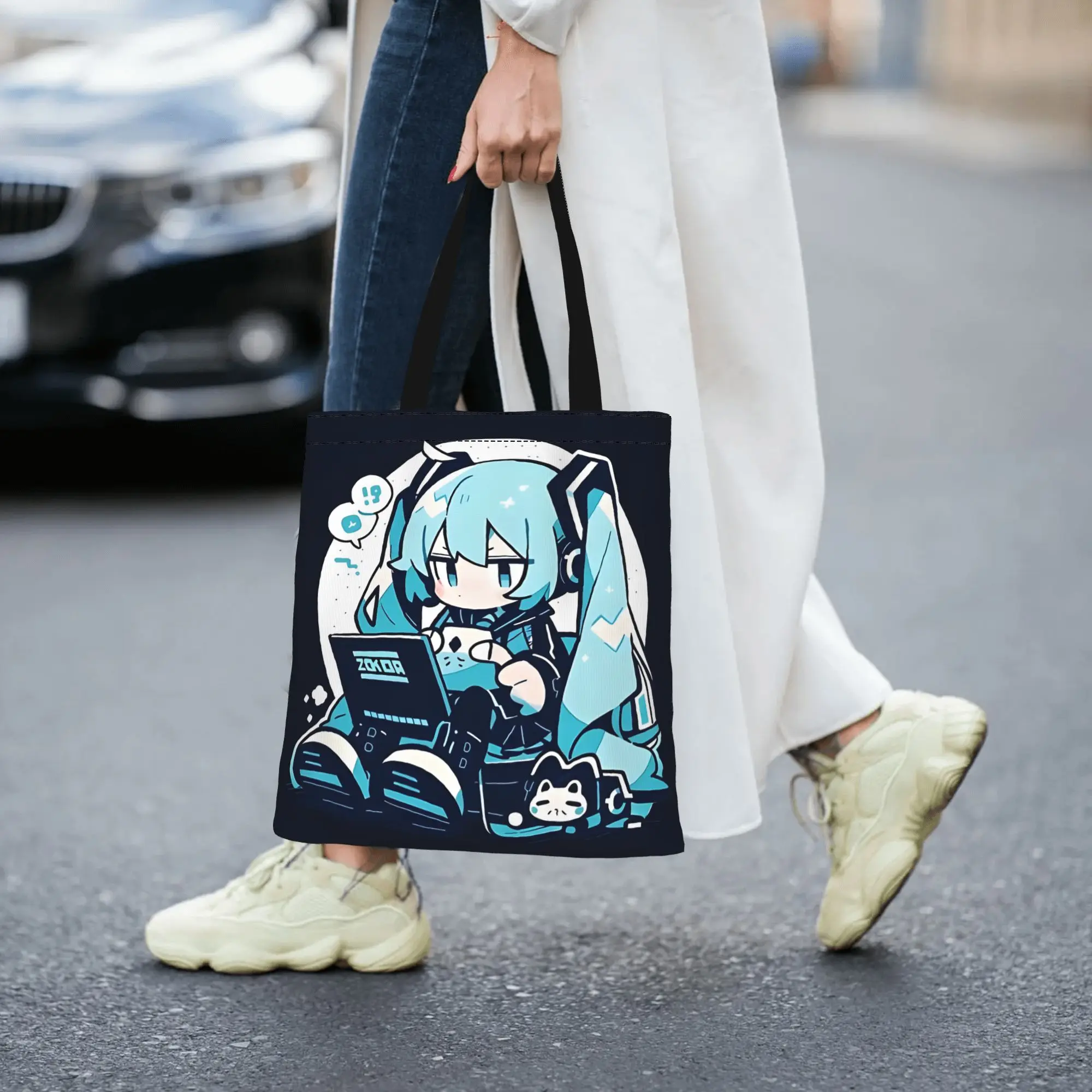 Customized Hatsune Miku Cartoon Singer Women's Bag Shopping Bag Reusable Double Sided Canvas Tote Bag Shoulder  Handbag