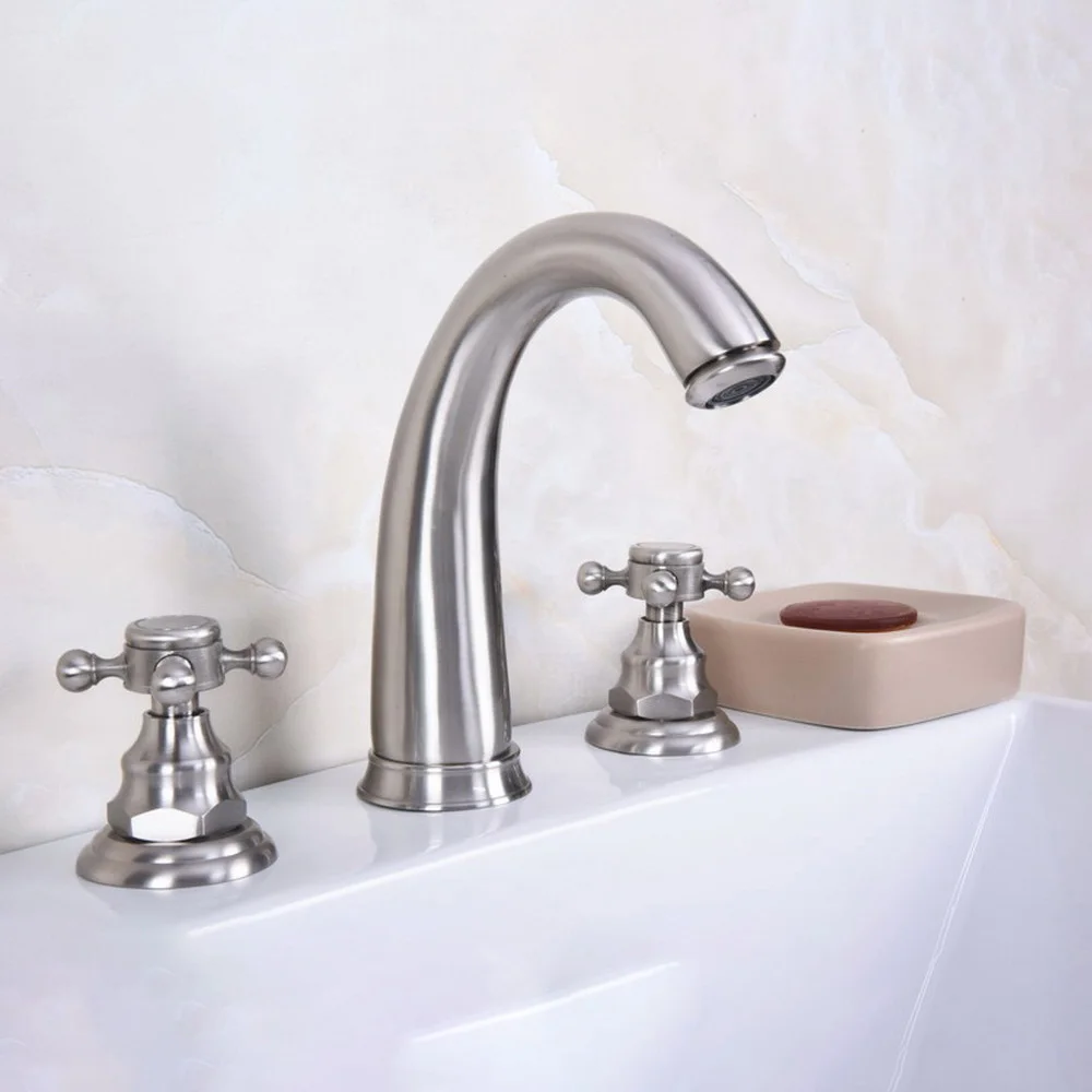 

Basin Faucets Brushed Nickel Bathroom Sink Faucet Double Cross Handle 3 Hole Bathbasin Mixer Taps zbn014