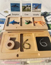 Montessori Toys Wooden Learning Tablet with Chalks Divided Trays Simulation Animals Matched English Study Cards