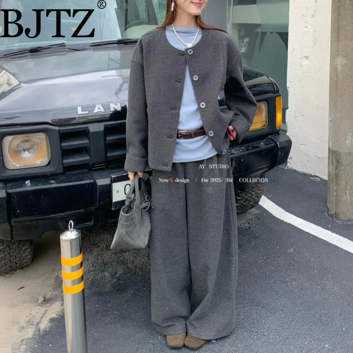 

BJTZ 2025 Korean Casual Woolen Jacket&Loose Trousers Set Autumn Winter Versatile O-Neck Single-Breasted Co-ords Women’s Outfits