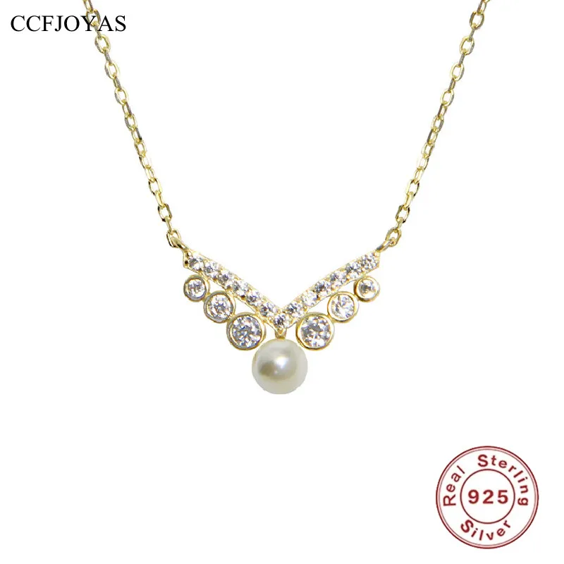 CCFJOYAS 925 Sterling Silver Pearl Necklace for Women Simple INS High Quality V-shaped Clavicle Chain Party Wedding Fine Jewelry