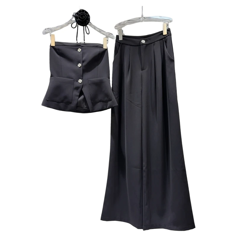 여름 신상품 민소매 Strapless 입체 꽃 붕대 탱크 탑 + 와이드 레그 팬츠 절묘한 하이 엔드 세트