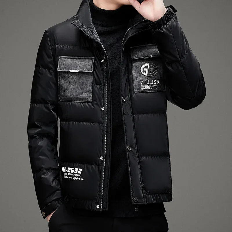 Leather Stand Collar Short Down Jacket Duck Male Padding Designer Clothes Men Man Jackets Padded Warm Winter Coat