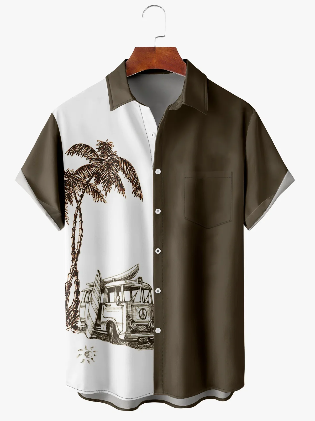 Men's Coconut Tree Print Shirt Moisture Absorbent Breathable Fabric Fashion Hawaiian Lapel Short Sleeve Shirt