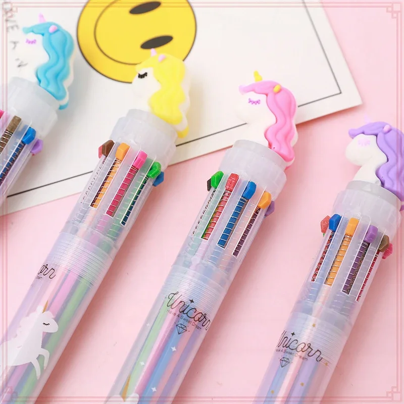 12 Pcs Wholesale Creative Cute Unicorn 10 Colors Ballpoint Pens for School Writing Tools