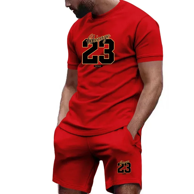 

Men's outdoor fashion sports suit - Simple lettered rose patchwork pattern - Bright colors - Round neck - Short sleeves - Pants