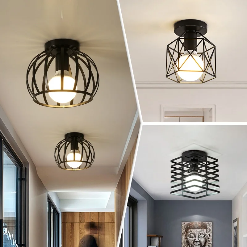 

Semi-Flush Mount Ceiling Light, Retro Industrial Metal Cage Lamps, for Porch Hallway Kitchen Bathroom Lighting,E27,220V