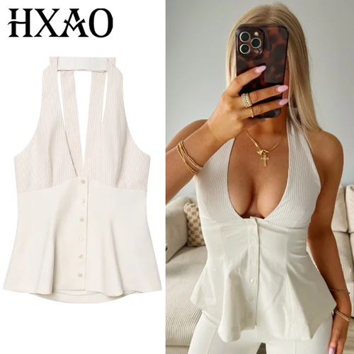 HXAO Y2K Top mujeres verano tanques y camisola corsé rayas Halter Tops para mujer Sexy Bustier apretado sin mangas espalda descubierta Tops chalecos