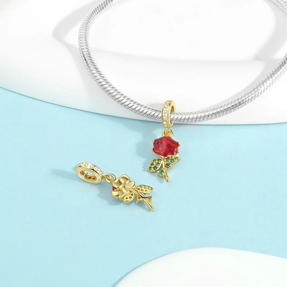 925 Sterling Silver Gold Red Rose Charms Beads Fit Original Bracelets Bag Keychain Charms Beads Pendant Diy Women Jewelry Gift view 4