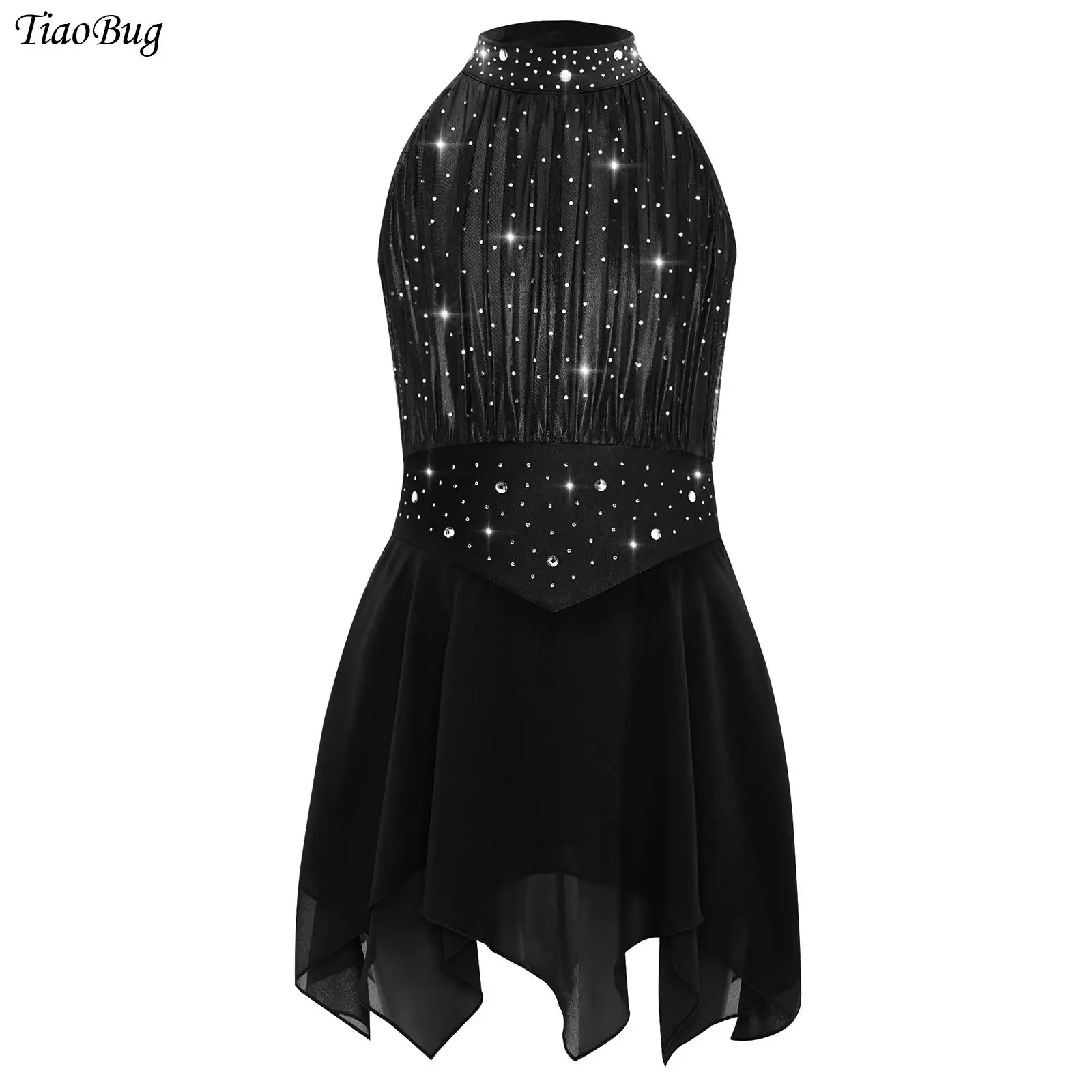 

Kids Girls Contemporary Modern Lyrical Dance Dress Chiffon Sleeveless Shiny Rhinestones Mesh Irregular Dress Ballet Dancewear