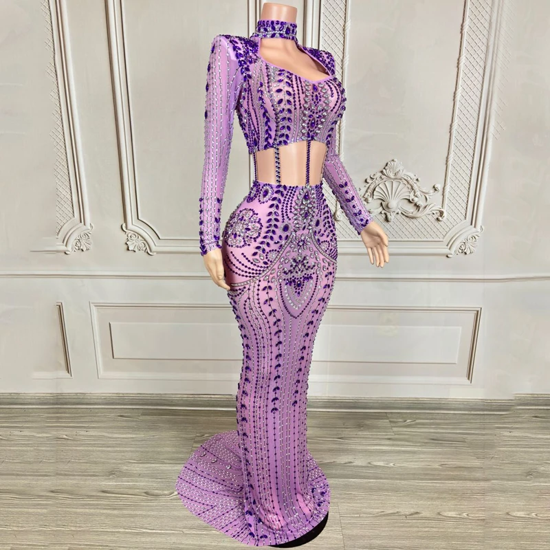 Purple Rhinestones Celebrate Party Evening Dress Women Singer Cutout Festival Costume Stage Performance Catwalk Outfit XS8753