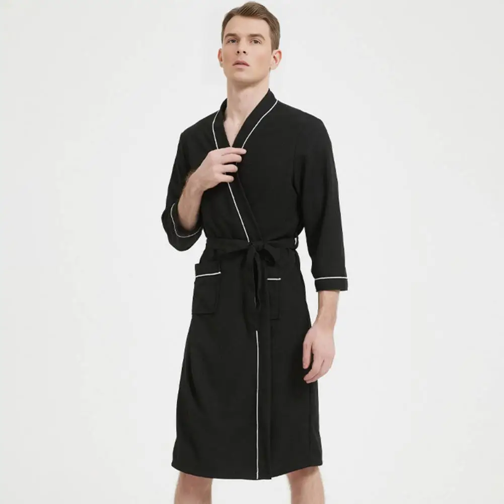 Men Spring Autumn Bathrobe Solid Color Nightgown Knee-length Gown Soft Lounge Robe Home Hotel Pajamas for Couples