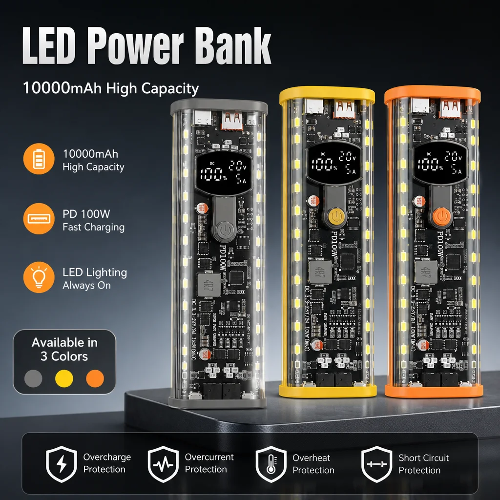 100W PD3.1 Transparent DIY Power Bank Kit 8‑Cells 21700 Solder‑Free Battery Holder DC Voltage Adjustable Fast Charging Box